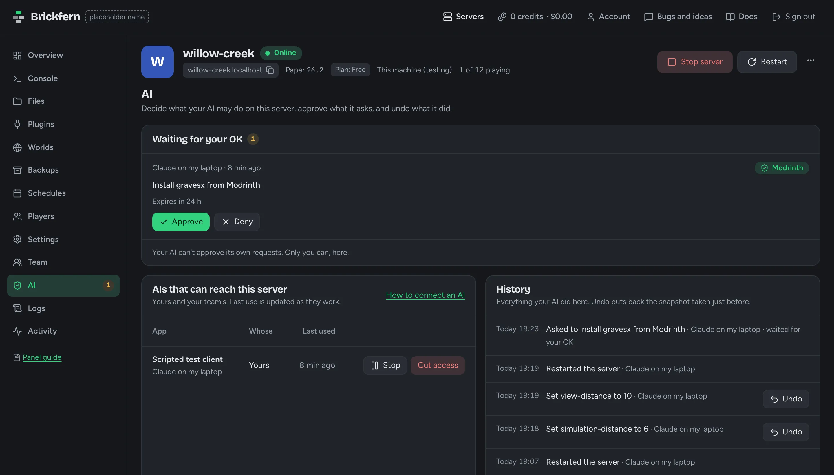The AI page of a server: the AI's recent steps, a plugin install waiting for the owner's OK with Approve and Deny, and the AIs that can reach the server.